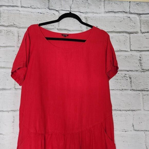 Vivid Womens Red Lagenlook Linen Short Sleeve Midi Dress Size Large - Picture 2 of 11